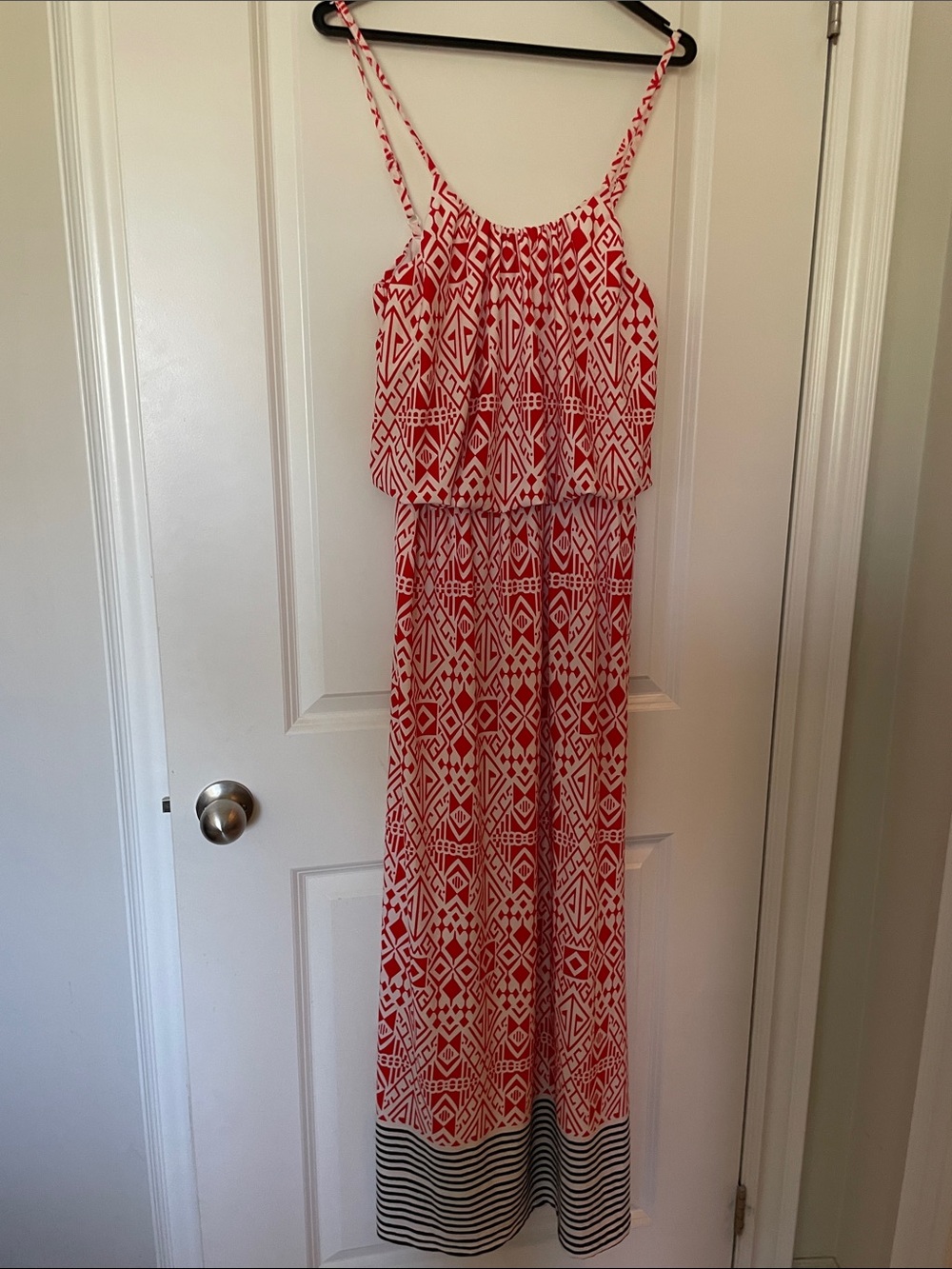 Red & White Geometric Maxi Dress with Striped Hem